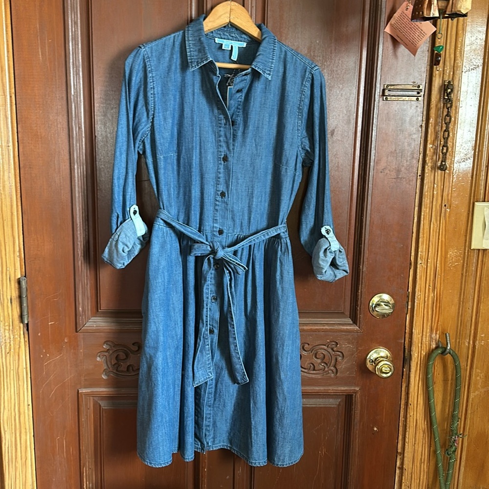 Draper James chambray denim button front shirt dress tie waist NWT pockets